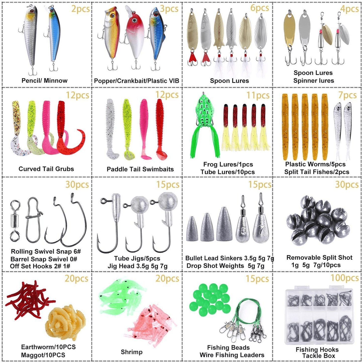 PLUSINNO Fishing Lures Baits Tackle Including Crankbaits, Spinnerbaits, Plastic Worms, Jigs, Topwater Lures , Tackle Box and More Fishing Gear Lures Kit Set, 102/67/27Pcs Fishing Lure Tackle