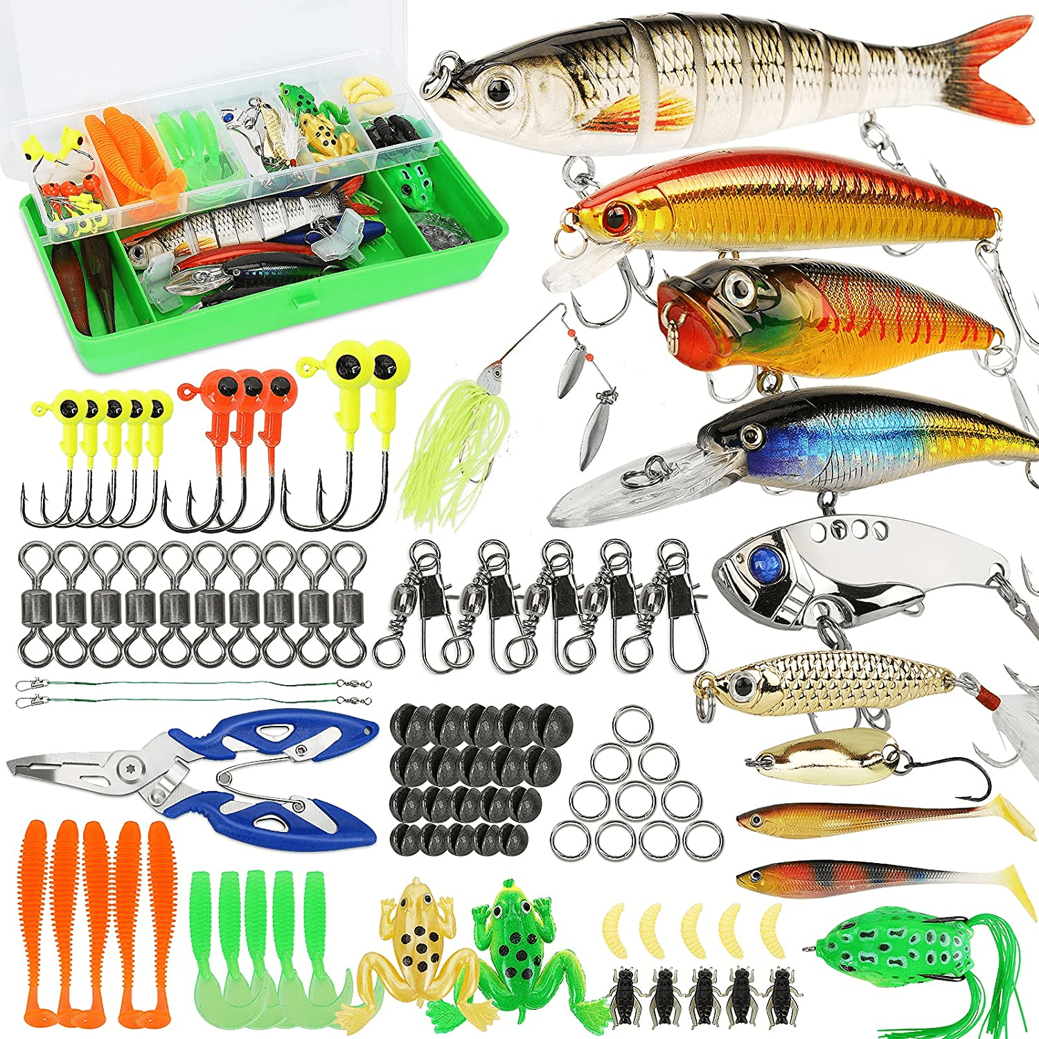 Fishing Lures Tackle Box Bass Fishing Including Animated Lure,Crankbaits,Spinnerbaits,Soft Plastic Worms, Jigs,Topwater Lures,Hooks,Saltwater & Freshwater Fishing Kit for Bass,Trout, Salmon Fishing.