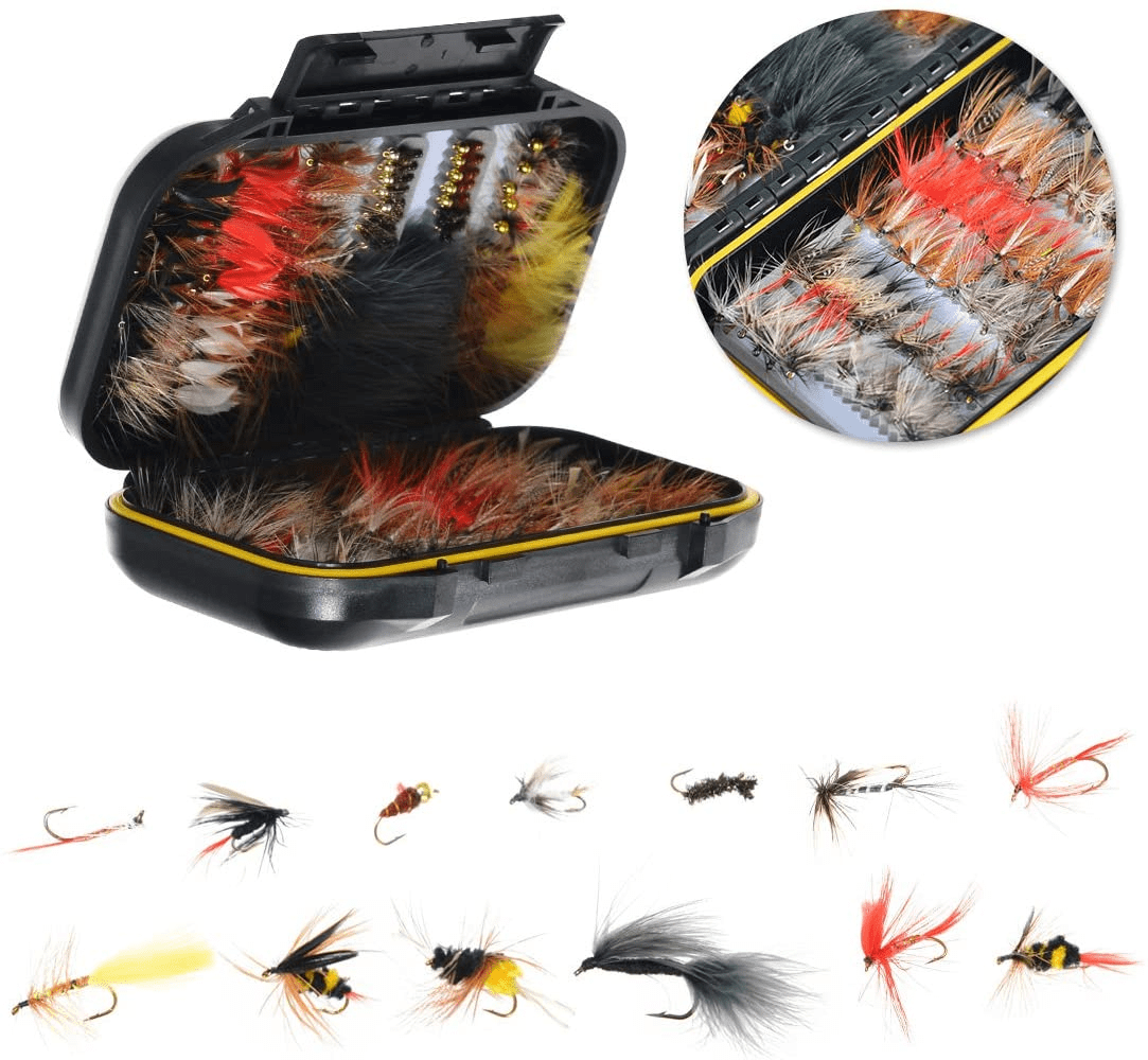 FISHINGSIR Fly Fishing Flies Kit - 64/100/110/120Pcs Handmade Fly Fishing Lures - Dry/Wet Flies,Streamer, Nymph, Emerger with Waterproof Fly Box