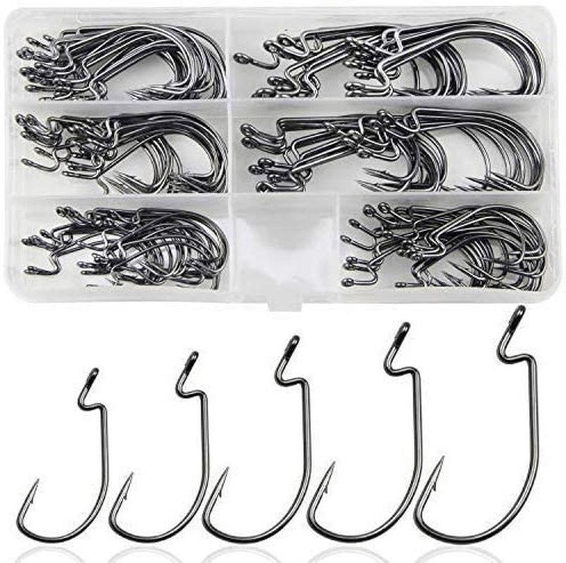 Bass Fishing Worm Hooks Set, 120Pcs 3X Offset Fishing Hooks Bass High Carbon Steel Worm Bait Hooks Jig Fish Hooks for Bass Trout Saltwater Freshwater Fishing Tackle Accessories