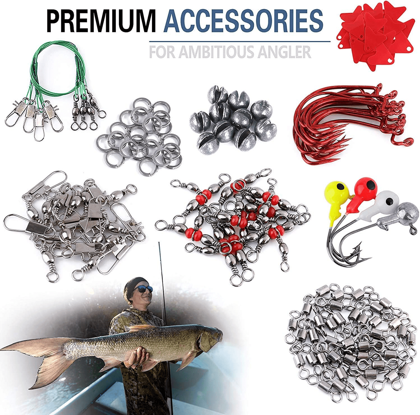 PLUSINNO Fishing Accessories Kit, Fishing Tackle Kit with Tackle Box Including Fishing Weights Sinkers, Jig Hooks, Beads, Swivel Snap, Bobbers Float, Saltwater Freshwater Fishing Gear