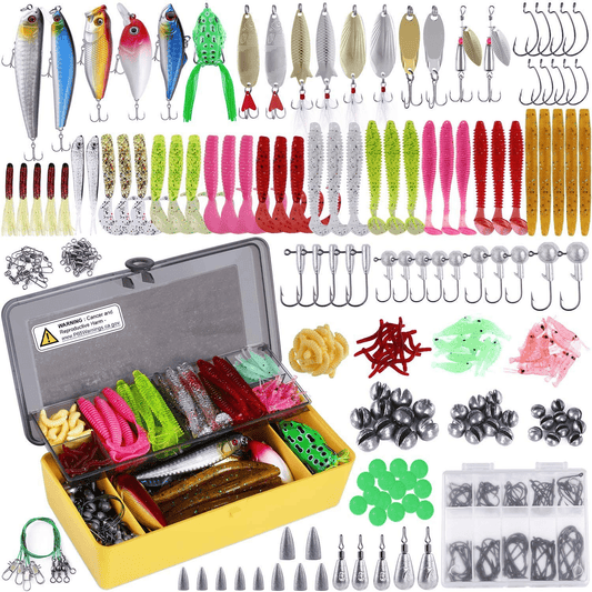 PLUSINNO Fishing Lures Baits Tackle Including Crankbaits, Spinnerbaits, Plastic Worms, Jigs, Topwater Lures , Tackle Box and More Fishing Gear Lures Kit Set, 102/67/27Pcs Fishing Lure Tackle